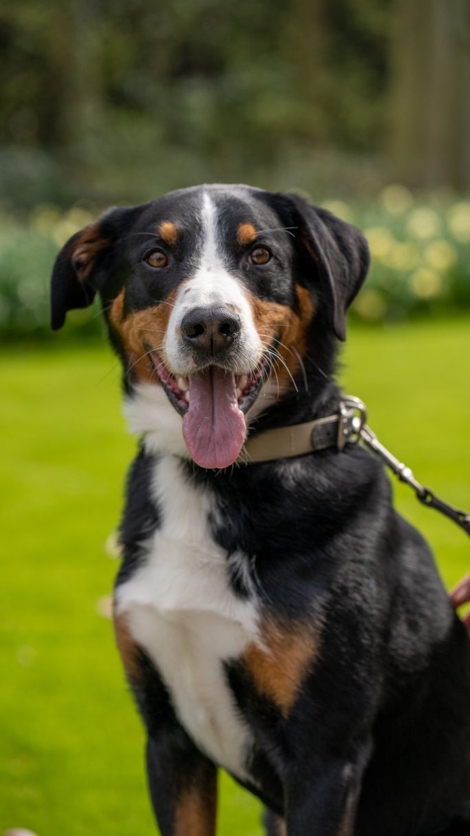 Schöner Hund sitzt im Park und schaut in die Kamera